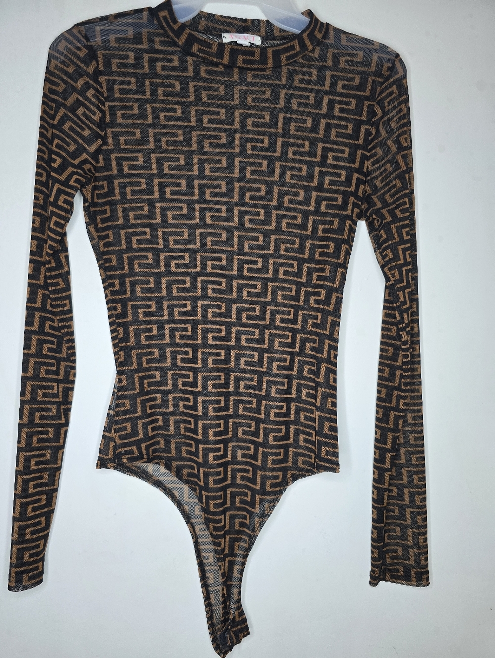 A'gaci Baroque Print Mesh Bodysuit Women’s Sheer Black Brown